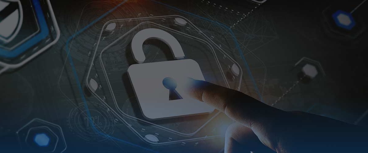 Conceptual security graphics with lock icon being pushed