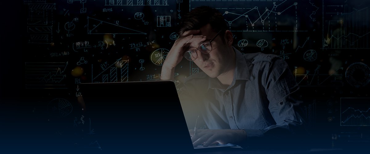 Frustrated man on laptop with graphs and charts superimposed around him