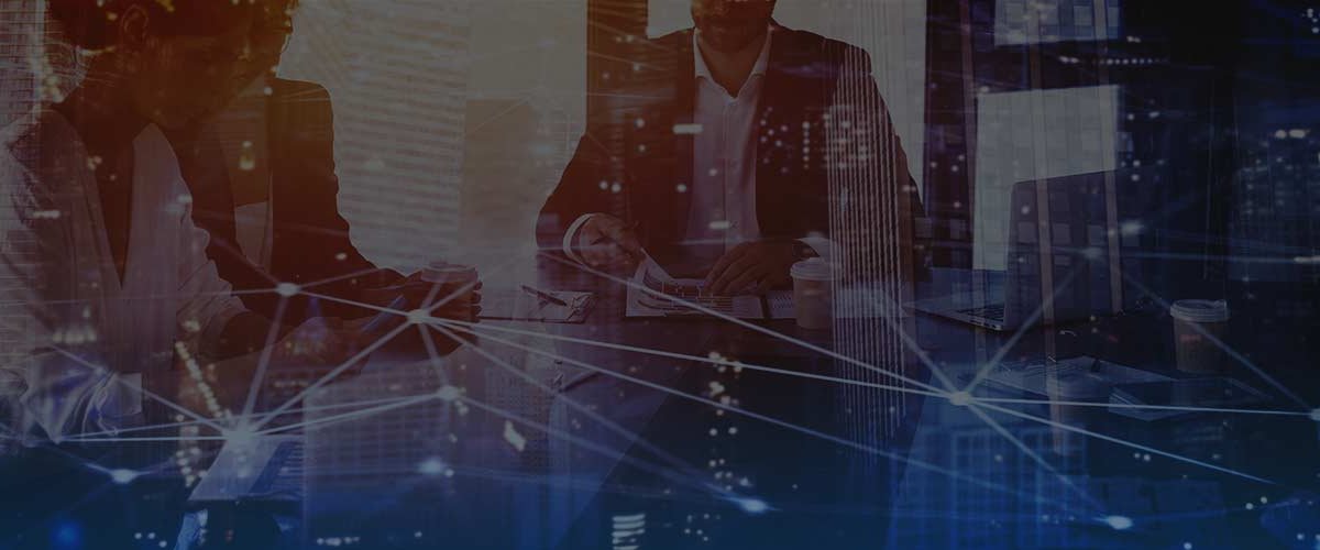 interconnected graphic superimposed over group of business people