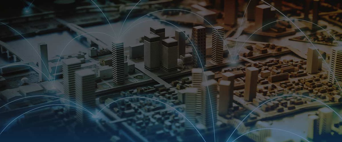 Conceptual downtown cityscape with connected graphics