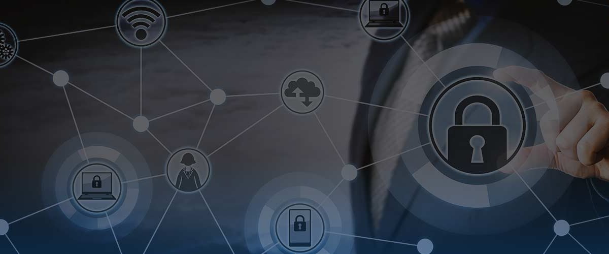 Security interconnected lock graphics superimposed over businessman