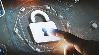 Lock graphic icon on screen being touched by person