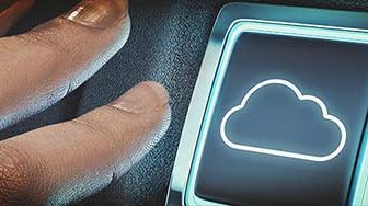 Glowing cloud graphic button being touched by persons hand