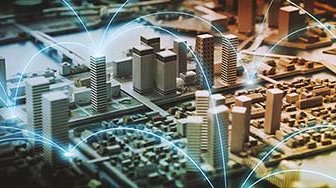 Digital cityscape with connected lines.