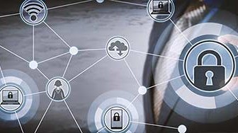 Interconnected security and lock icons superimposed over businessman