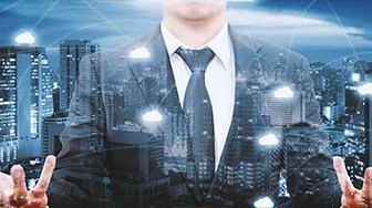 Interconnected cloud icons superimposed over businessman and city skyline