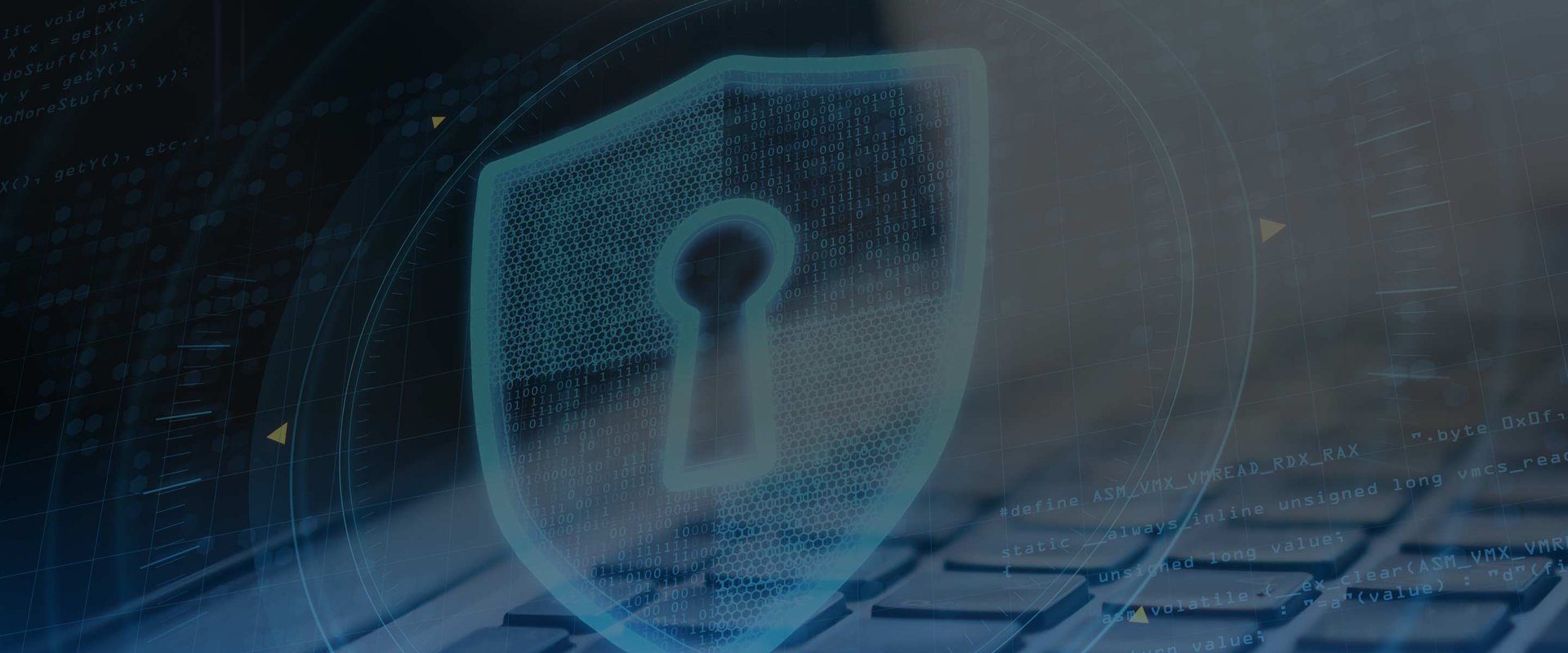 Close Up Of Laptop With Abstract Glowing Keyhole Shield Interface