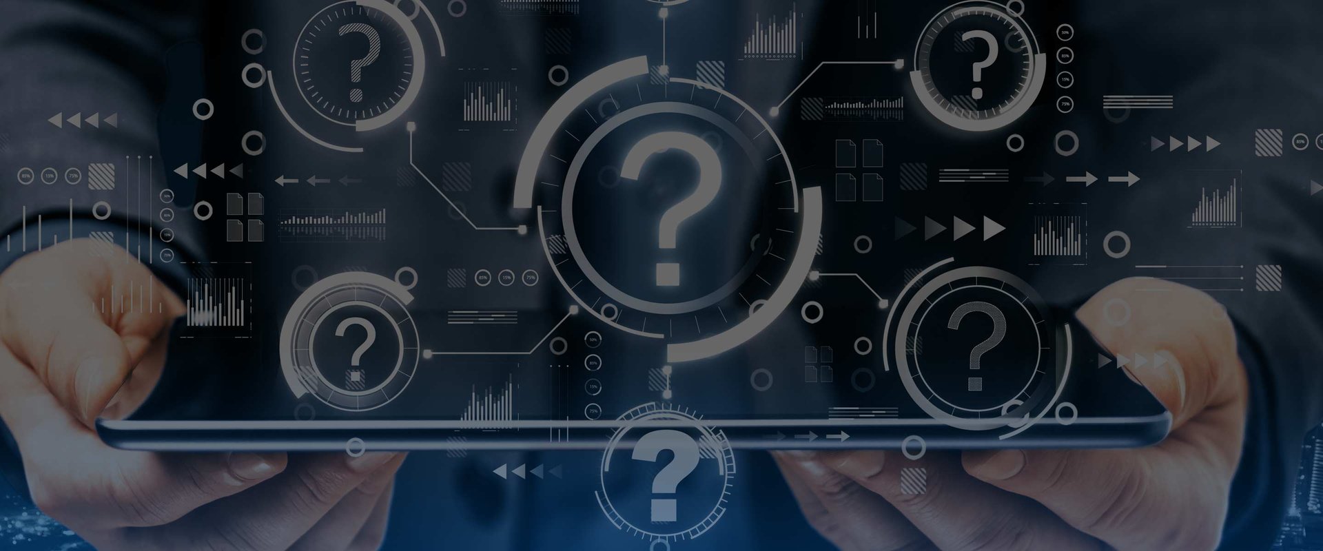 Close Up Of Businessman Hand Holding Tablet With Abstract Glowing Question Marks