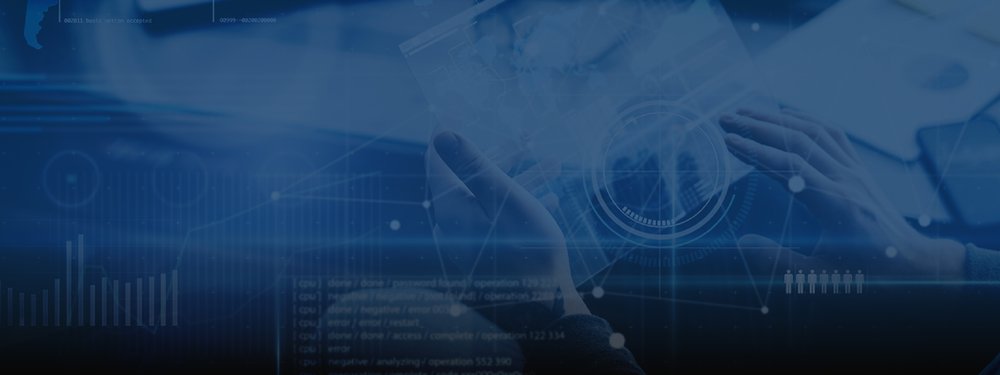 Hands with a glass tablet overlaid with icons, charts, and graphs