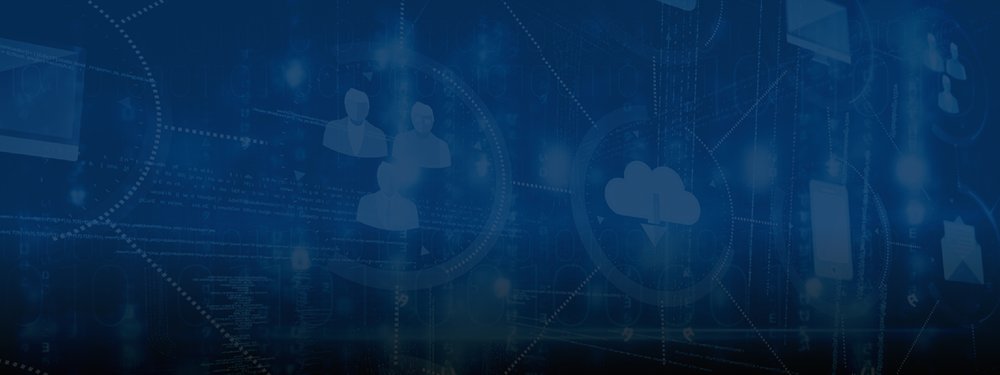 Blue graphic with stylized computer-based icons