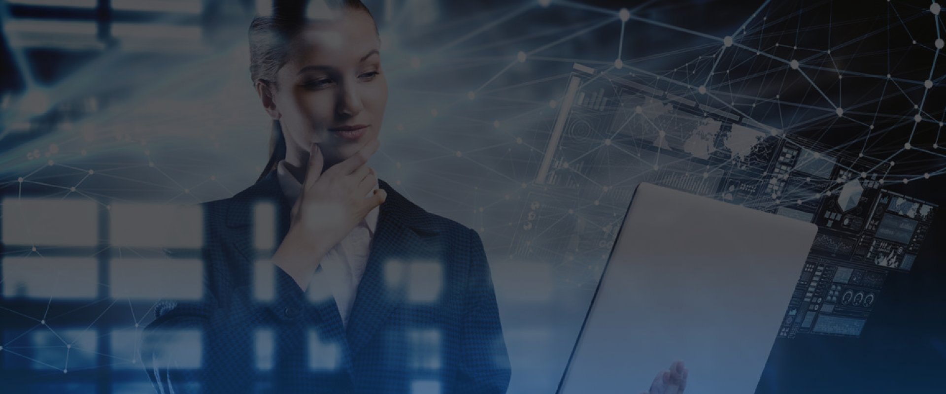 Woman looking at tablet with stylized computer network graphics in the background