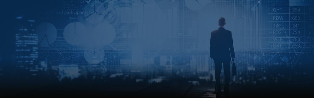 Man carrying a briefcase, and lots of graphs and charts overlaid on a blue background