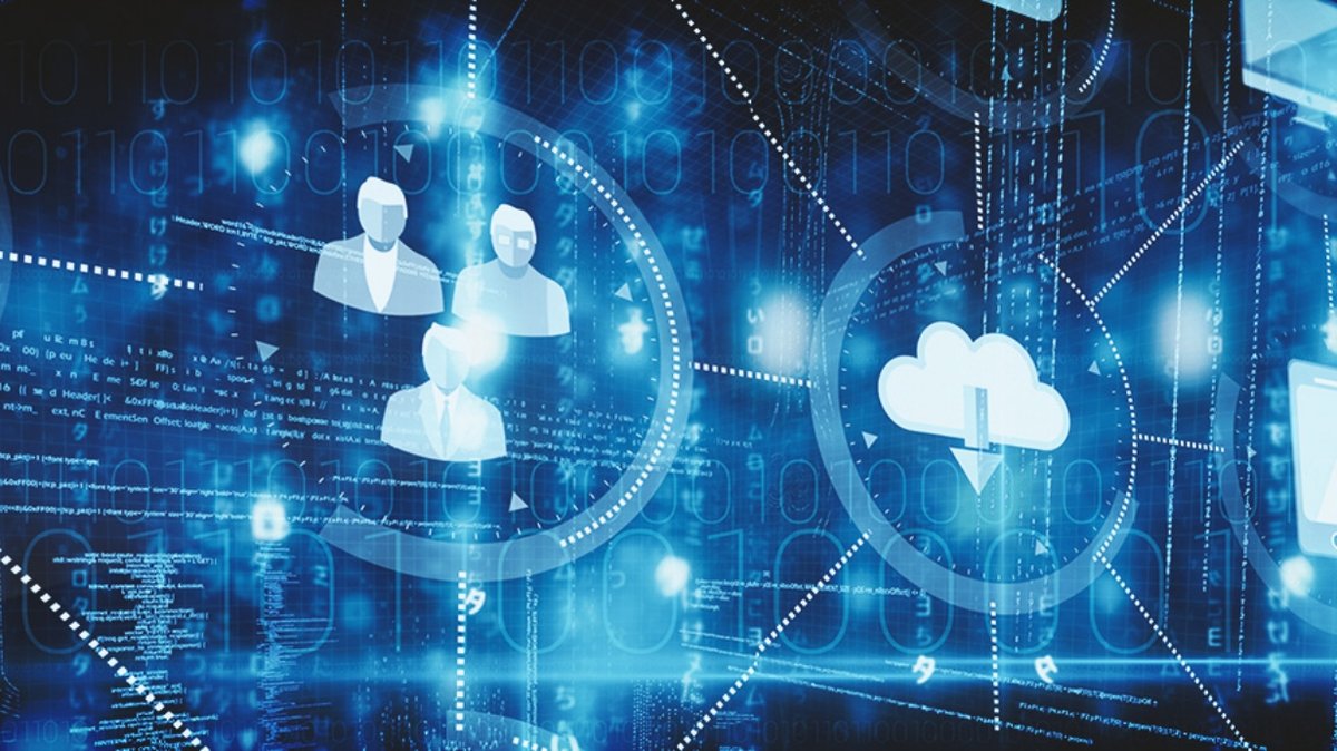 Stylized computer networking and cloud computing icons on a blue graphic background